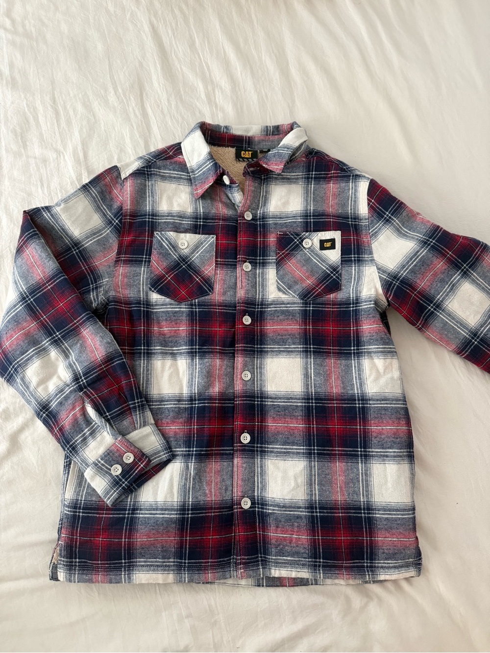 Caterpillar Red Navy White Plaid Button-Down Shirt Jacket